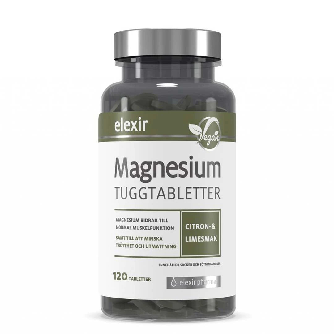 Elexir Pharma Magnesium Tyggetabletter 120 tabs i en gjennomsiktig boks med grønn og hvit etikett.