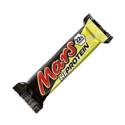 Mars Hi Protein Bar 59 g pakket i et svart og gullfarget omslag med den klassiske røde logoen.