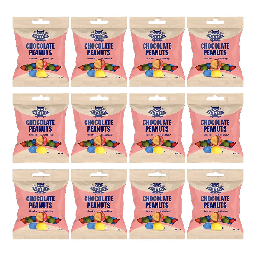 12 x Healthyco Chocolate 40 g Peanuts i rosa poser med fargerike sjokoladedyppede peanøtter., bilde 1 av 1