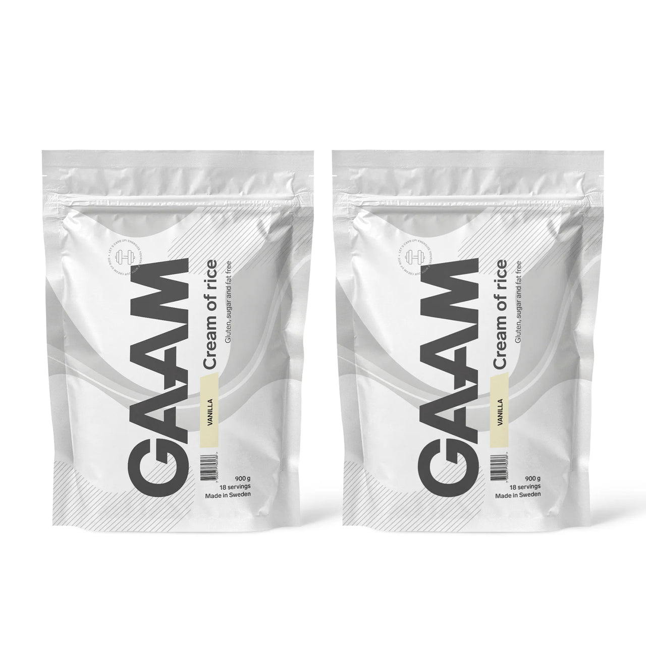 2 x GAAM Cream of Rice 900 g i to hvite poser med grå detaljer for smaken Vanilla.