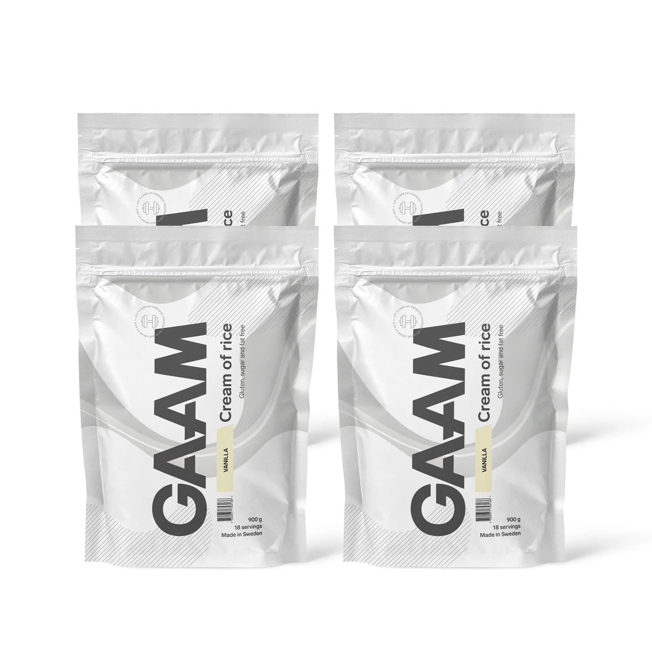 4 x GAAM Cream of Rice 900 g karbohydrater i fire hvite poser med svarte detaljer for smaken Vanilla.