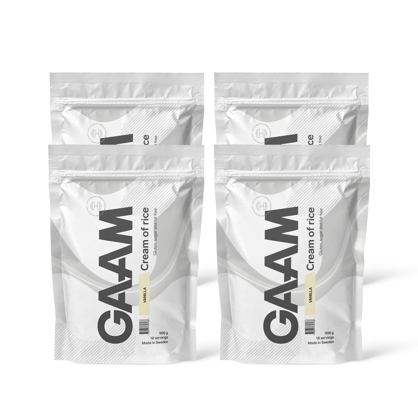 4 x GAAM Cream of Rice 900 g karbohydrater i fire hvite poser med svarte detaljer for smaken Vanilla.