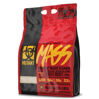 Mutant Mass 2.2 kg gainer i en rød og svart pose med gul tekst og detaljer for smaken Vanilla Ice Cream.