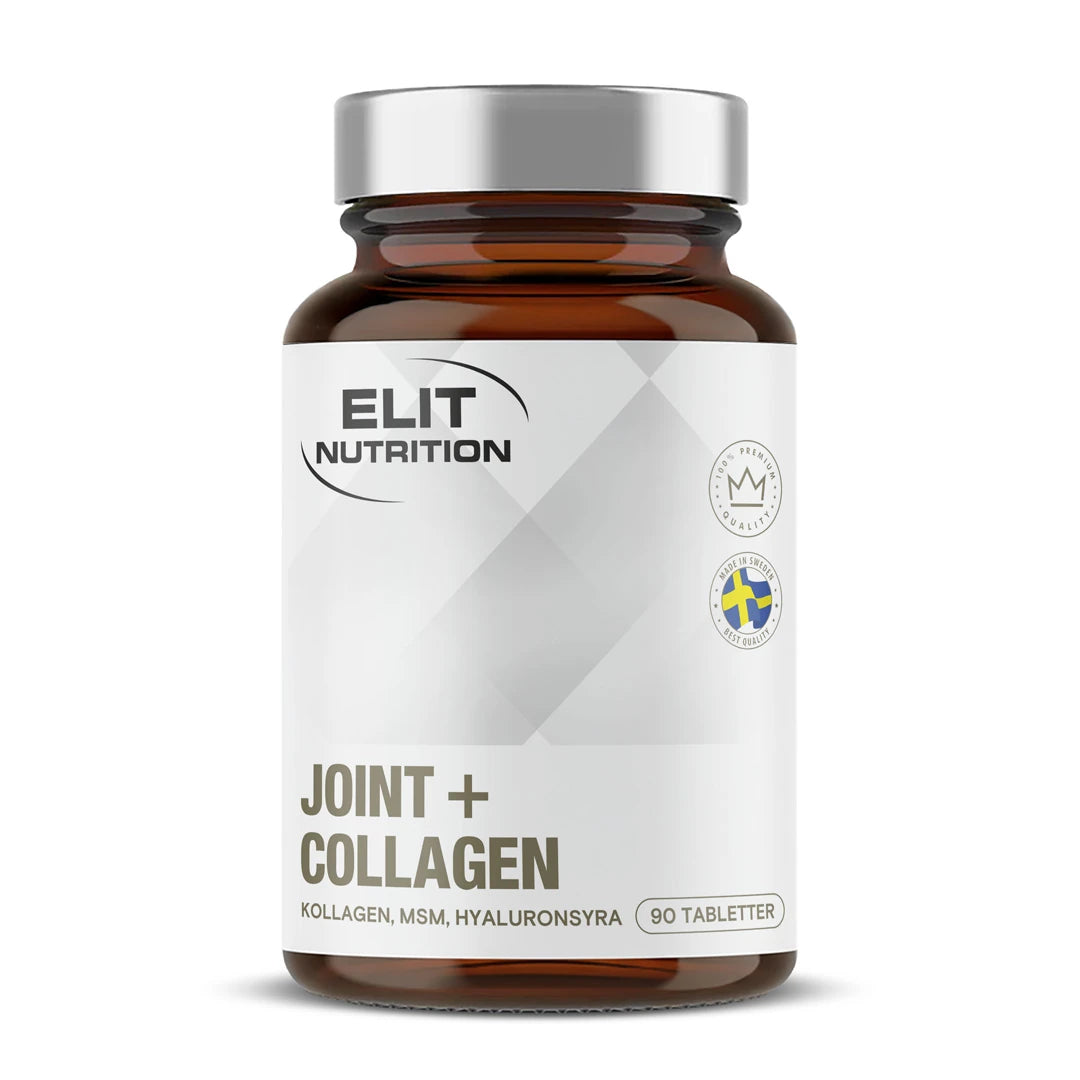 Elit Nutrition Strong Joint 90 caps, kosttilskudd i en mørkebrun boks med sølvlokk og hvit etikett.
