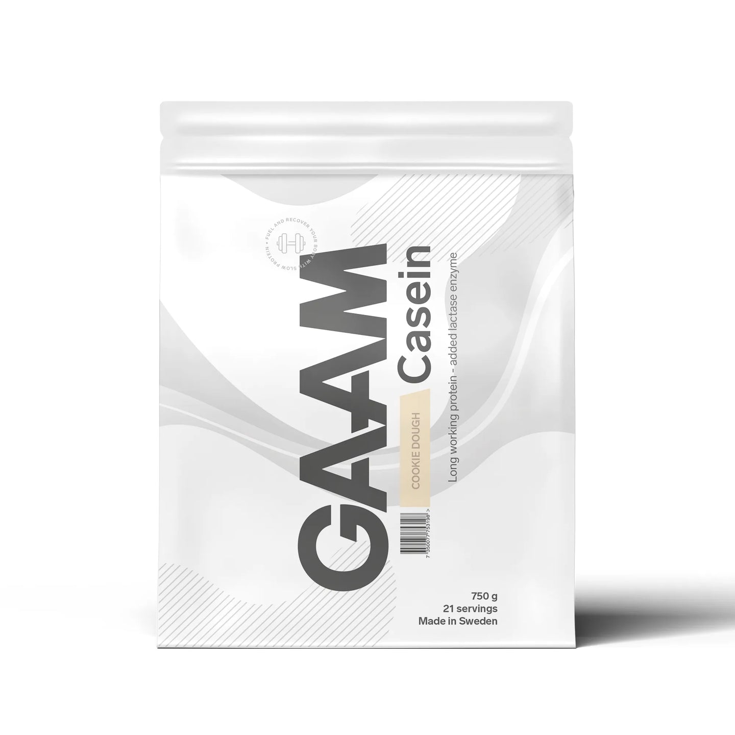 GAAM Casein 750 g kaseinprotein i en hvit pose med grå detaljer for smaken Cookie Dough., bilde 2 av 9