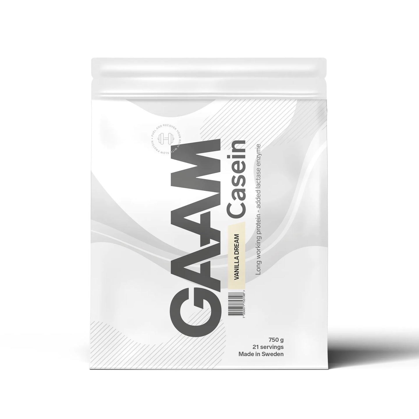 GAAM Casein 750 g kaseinprotein i en hvit pose med grå detaljer for smaken Vanilla Dream., bilde 6 av 9