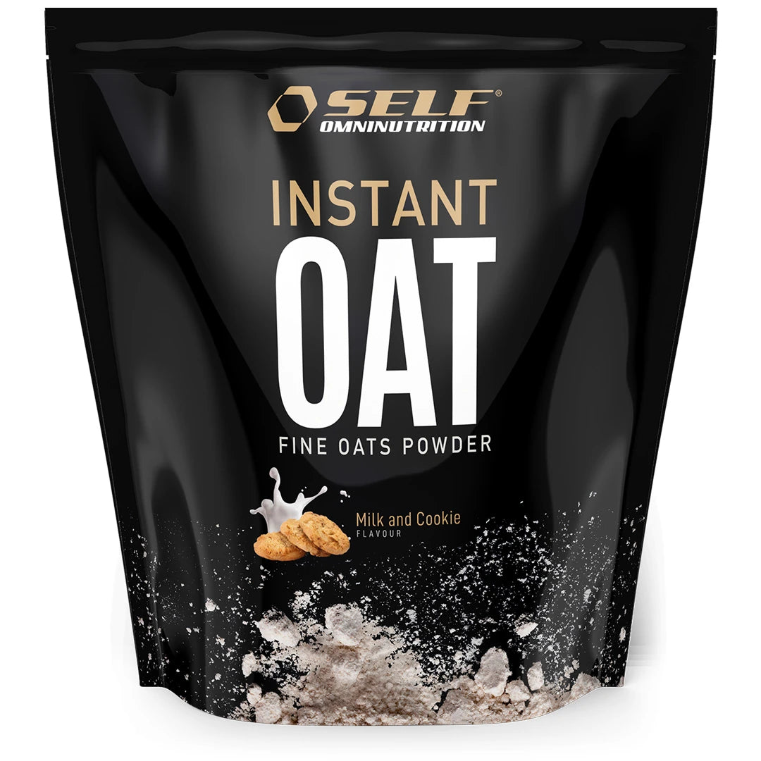 Self Omninutrition Instant Oat 1 kg havremel i en svart pose med kjeks og melkesprut for smaken Milk &amp; Cookie., bilde 6 av 14