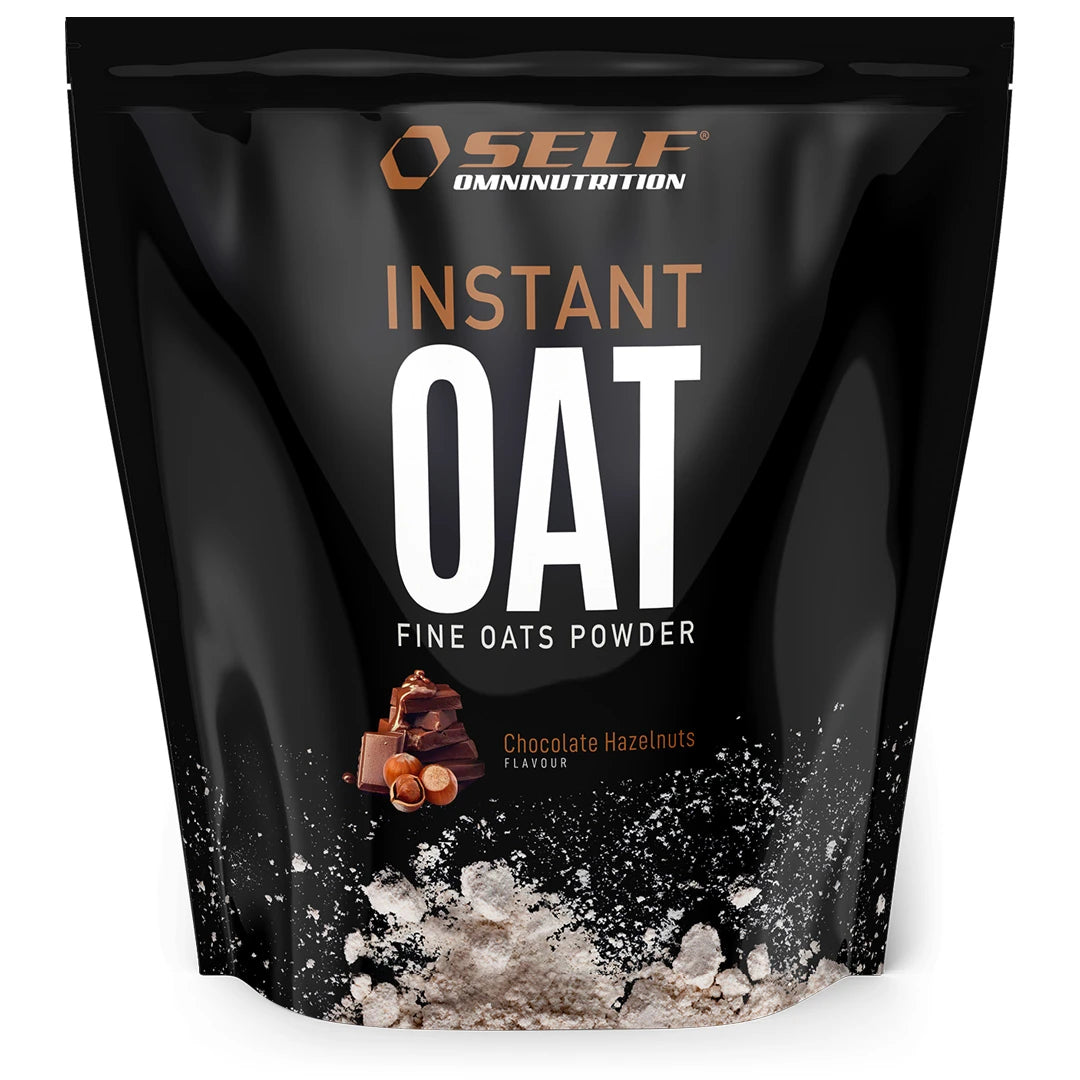 Self Omninutrition Instant Oat 1 kg havremel i en svart pose med illustrasjon av sjokolade og hasselnøtter for smaken Chocolate Hazelnuts., bilde 11 av 14