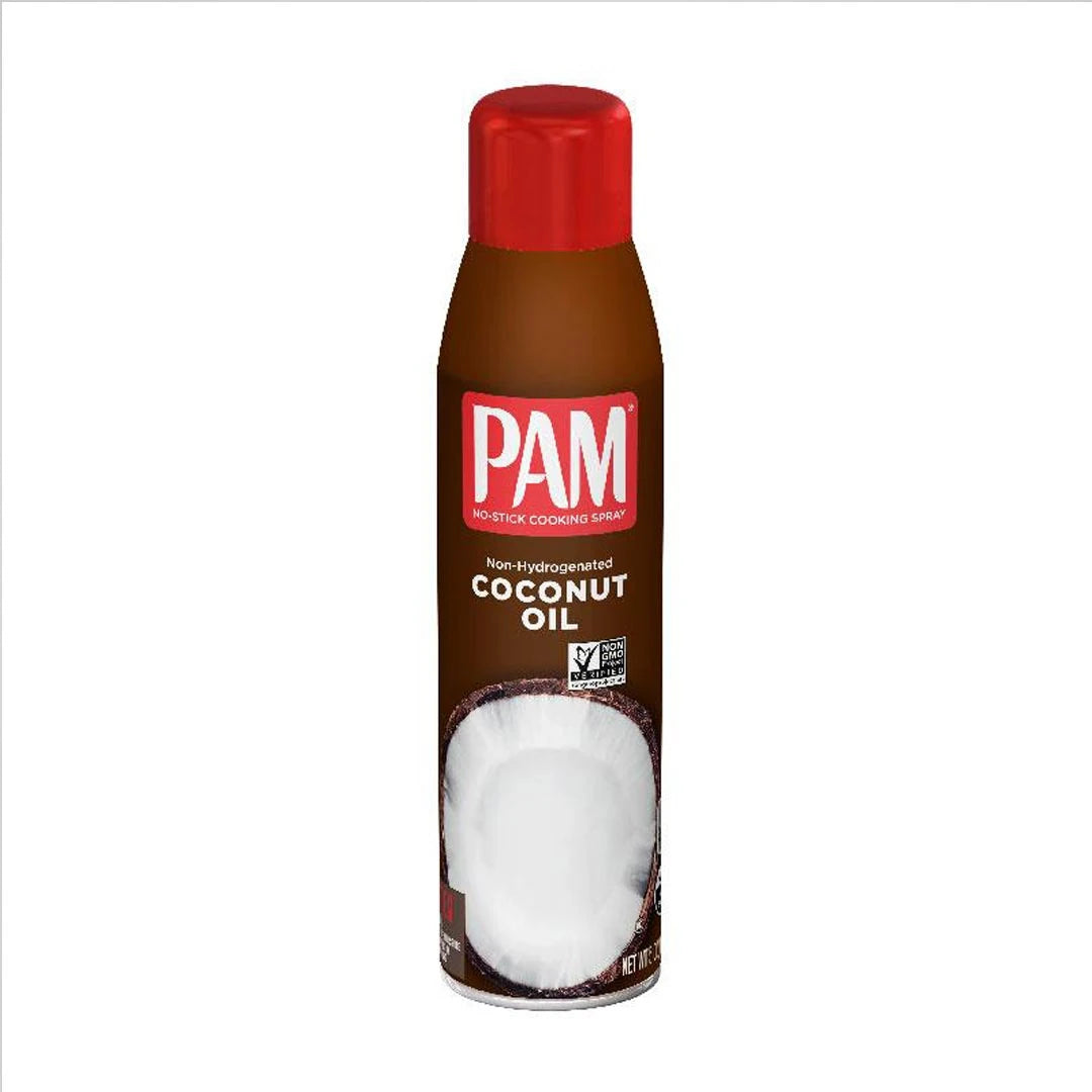 Pam Cooking Spray 141 g med smak av kokosnøttolje, pakket i en brun sprayflaske med rødt lokk.