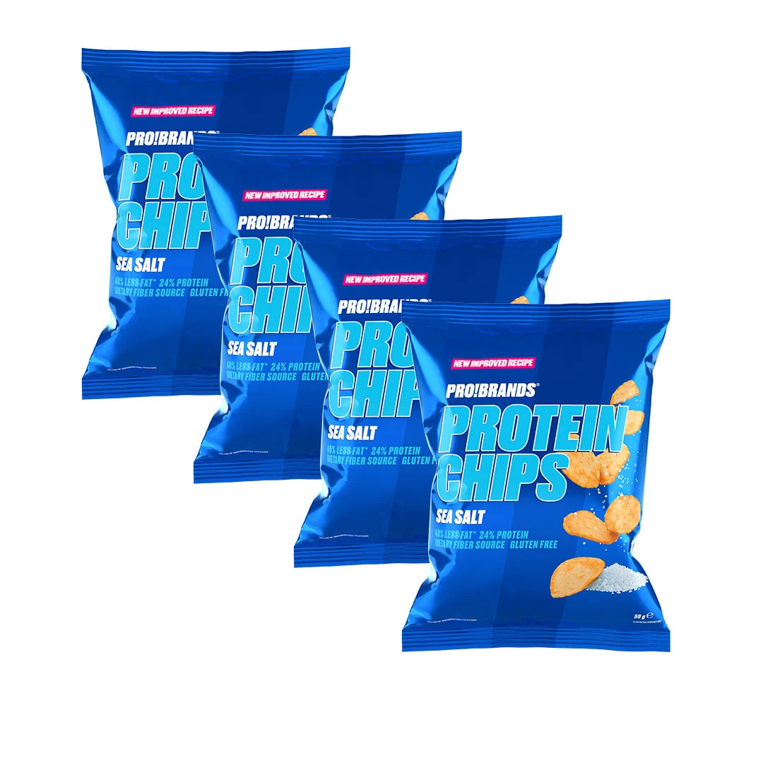 4 x Pro Brands Protein Chips 50 g bestående av fire blå poser i smaken Sea Salt.