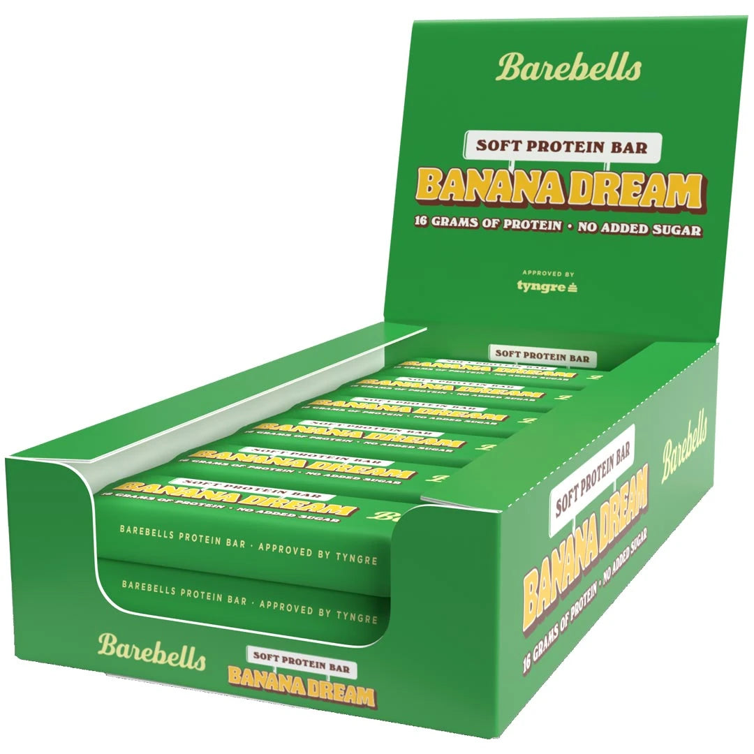 12 x Barebells Soft Bar 55 g Banana Dream pakket i en grønn displayeske.