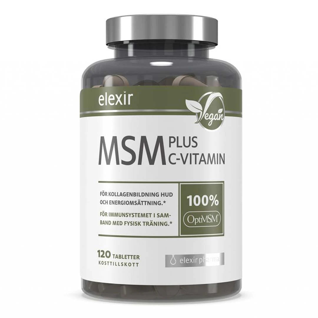 Elexir Pharma MSM + C Vitamin 120 tabs i en gjennomsiktig boks med hvit etikett, grønne detaljer og sølvfarget lokk.