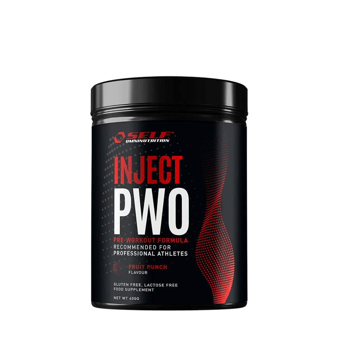 Self Omninutrition Inject 400 g PWO-pulver i en svart boks med røde detaljer og smaken Fruit Punch.