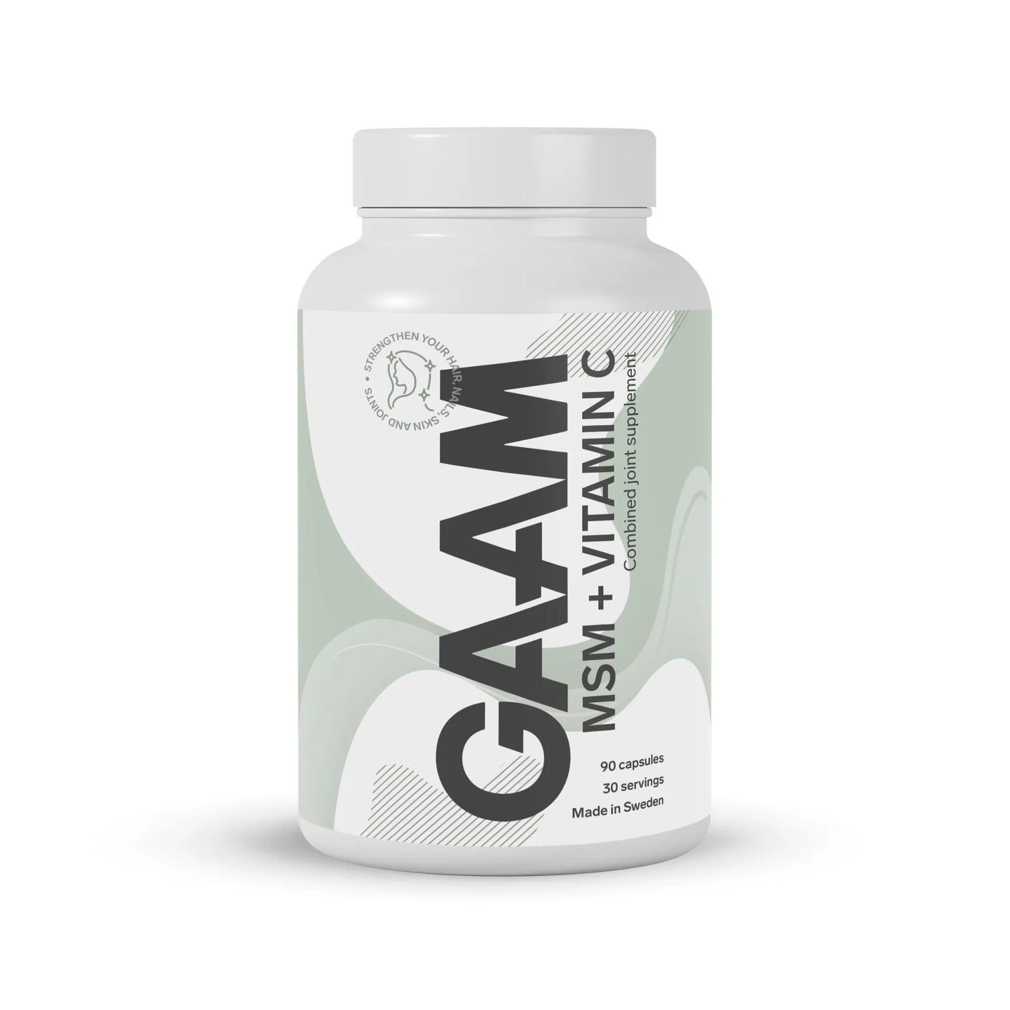 GAAM MSM + Vitamin C 90 caps kosttilskudd for ledd i en hvit plastboks med lysegrønne grafiske detaljer.