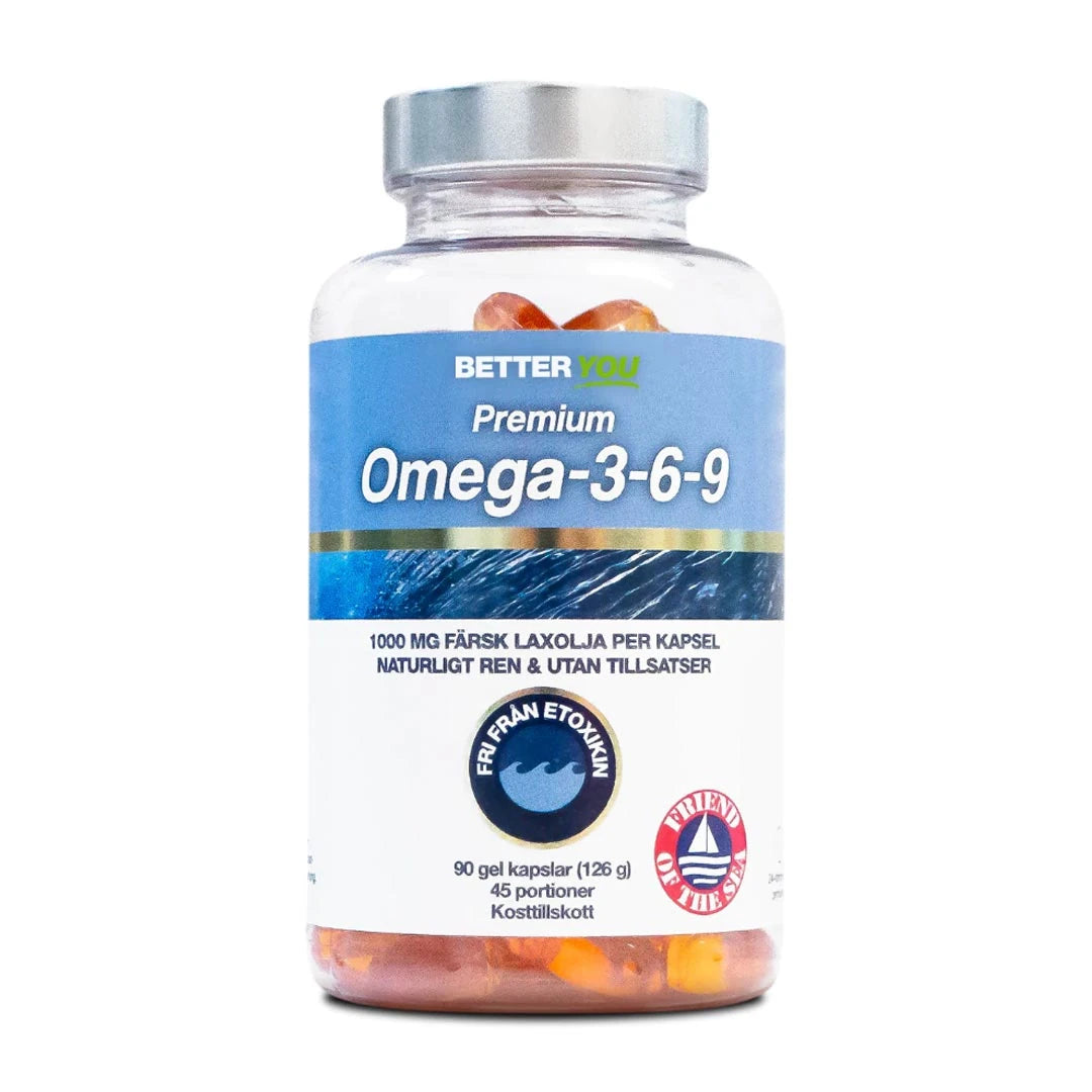 Better You Premium Omega-3 90 caps kosttilskudd i en gjennomsiktig boks med blå og hvit etikett fylt med oransje kapsler.