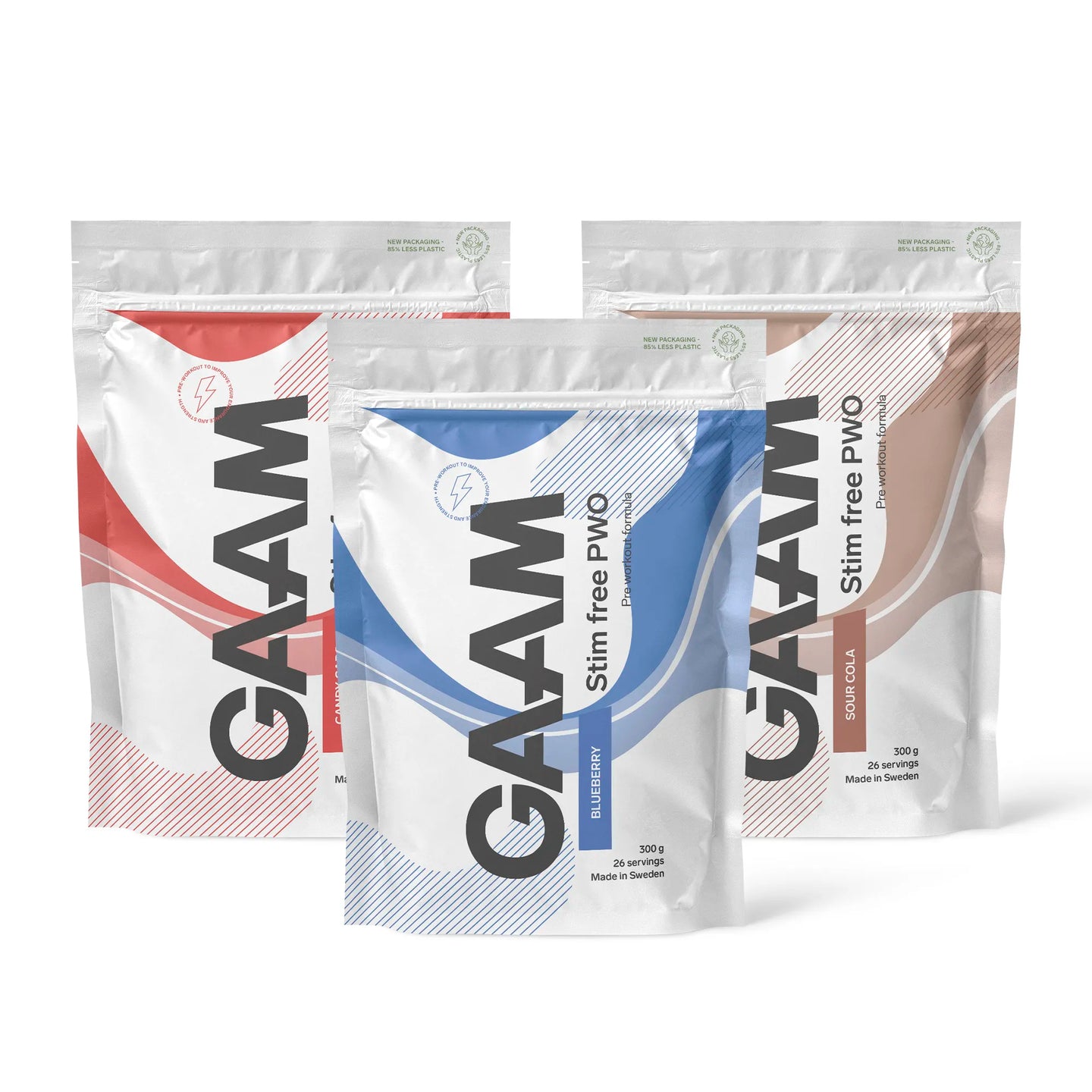 3 x GAAM Stim Free PWO 300 g i tre hvite poser med blå, røde og brune detaljer for ulike smaker.