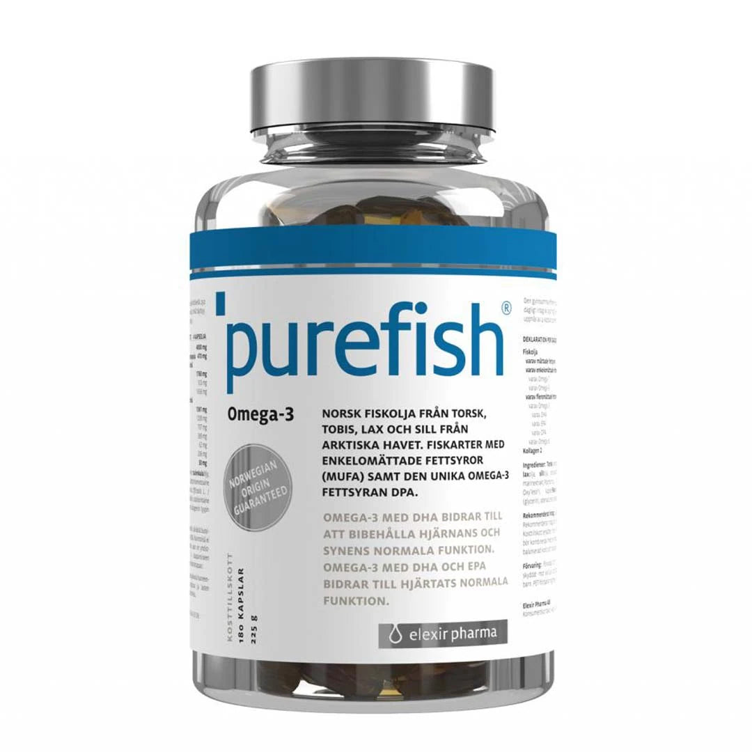 Elexir Pharma Pure Fish 180 caps i en gjennomsiktig boks med sølvlokk, hvit-blå etikett og gylne omega-3-kapsler.