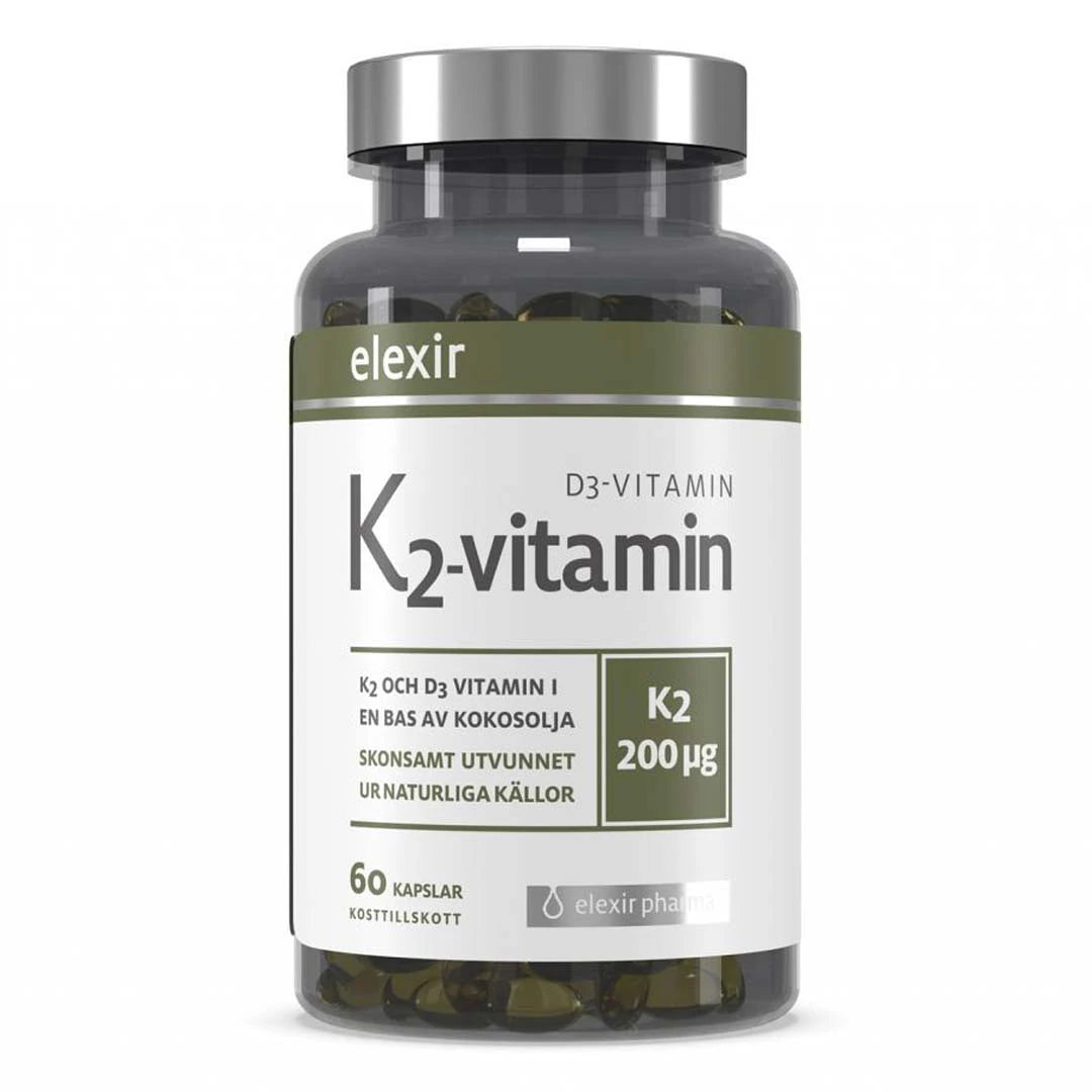 Elexir Pharma K2+D3 60 caps i en transparent boks med sølvfarget lokk, hvit etikett og olivengrønne detaljer.