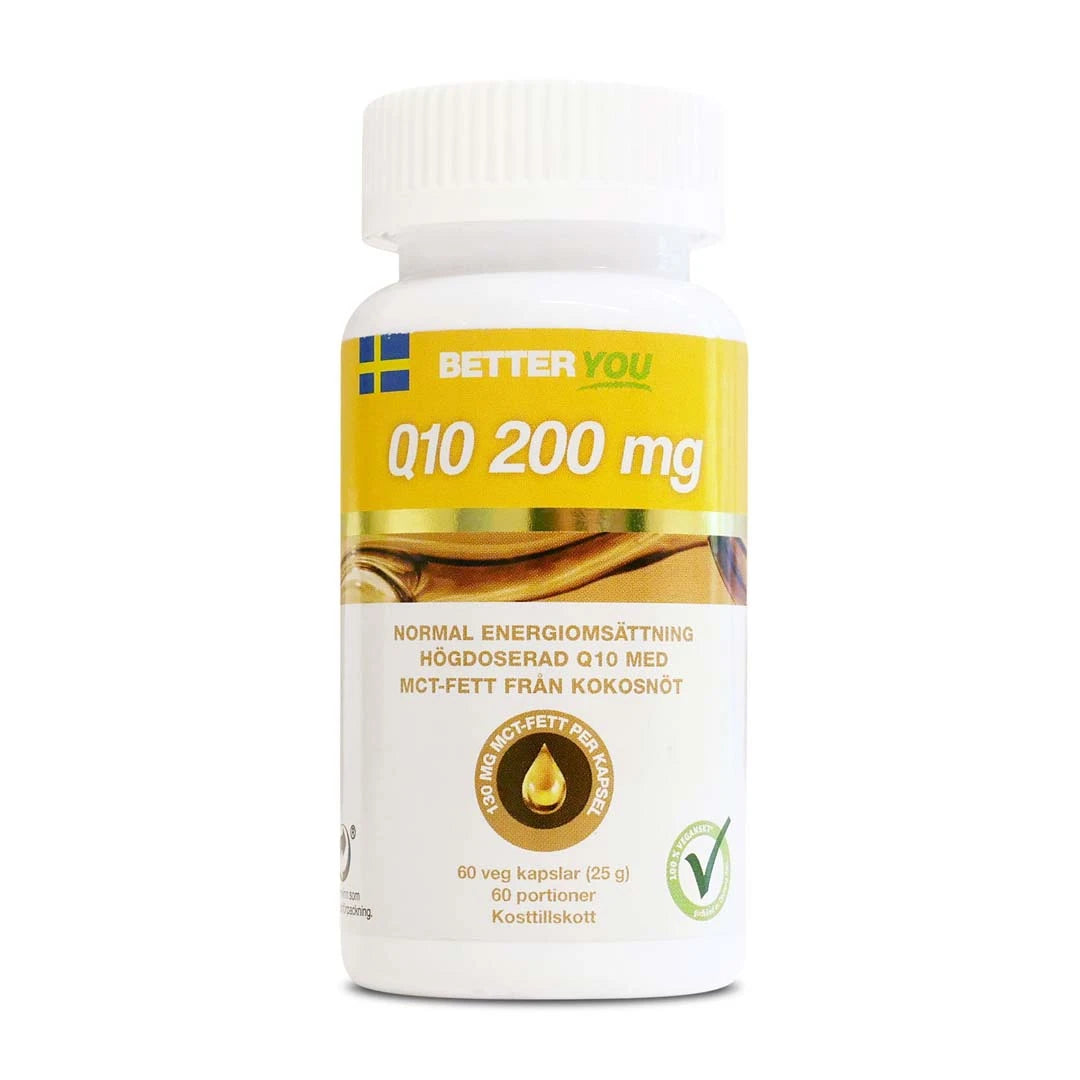 Better You Q10 200 mg 60 caps kosttilskudd i en hvit plastboks med gul og brun etikett.