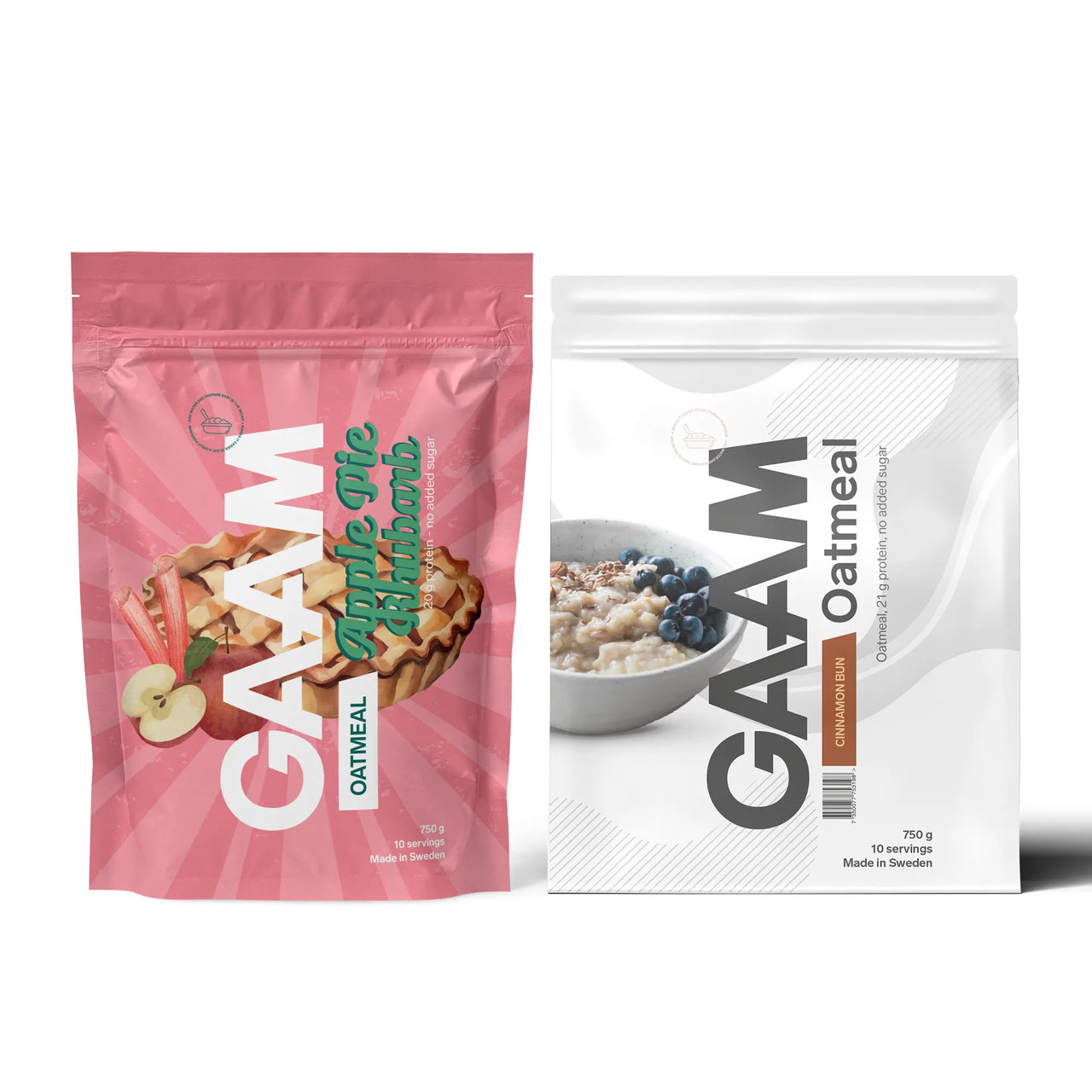 2 x GAAM Oatmeal 750 g proteingrøt i en rosa og en hvit pose for smakene Apple Pie Rhubarb og Cinnamon Bun.