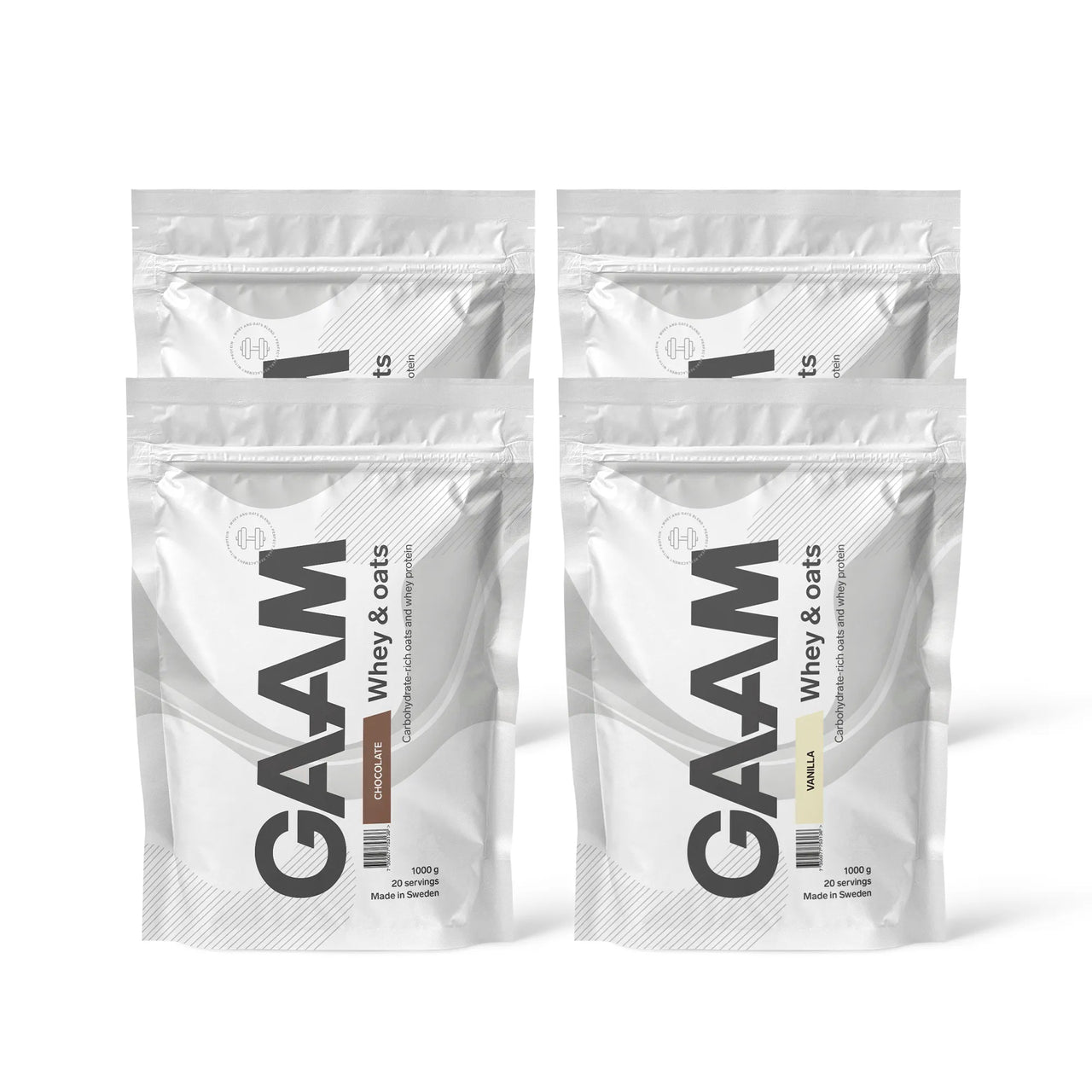 4 x GAAM Whey & Oats 1 kg proteinpulver i fire hvite poser, hvorav to med sjokoladesmak og to med vaniljesmak.