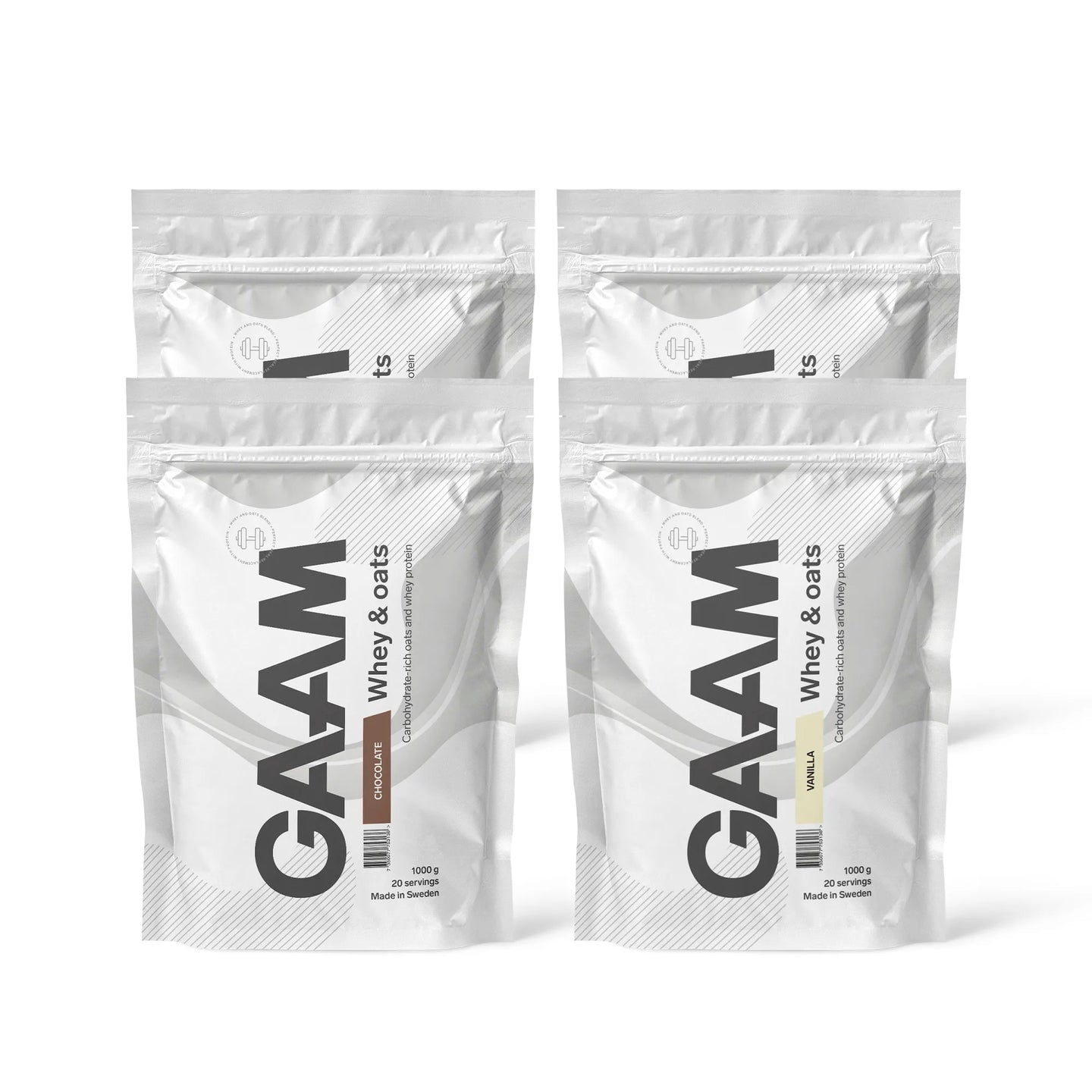 4 x GAAM Whey & Oats 1 kg proteinpulver i fire hvite poser, hvorav to med sjokoladesmak og to med vaniljesmak.