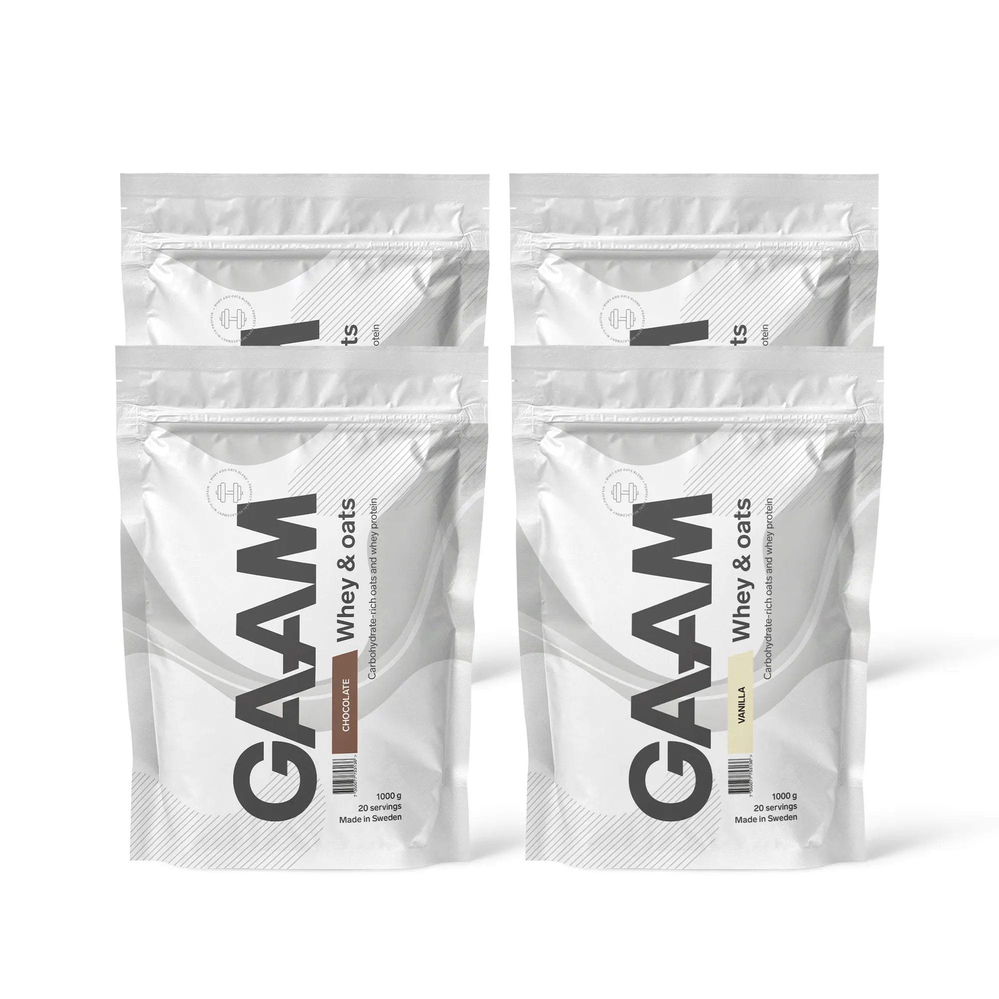 4 x GAAM Whey & Oats 1 kg proteinpulver i fire hvite poser, hvorav to med sjokoladesmak og to med vaniljesmak.