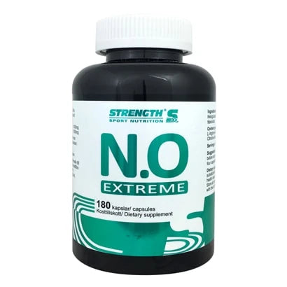 Svart plastboks med Strength N.O Extreme 180 caps prestasjonsøker og grønn-hvit etikett.