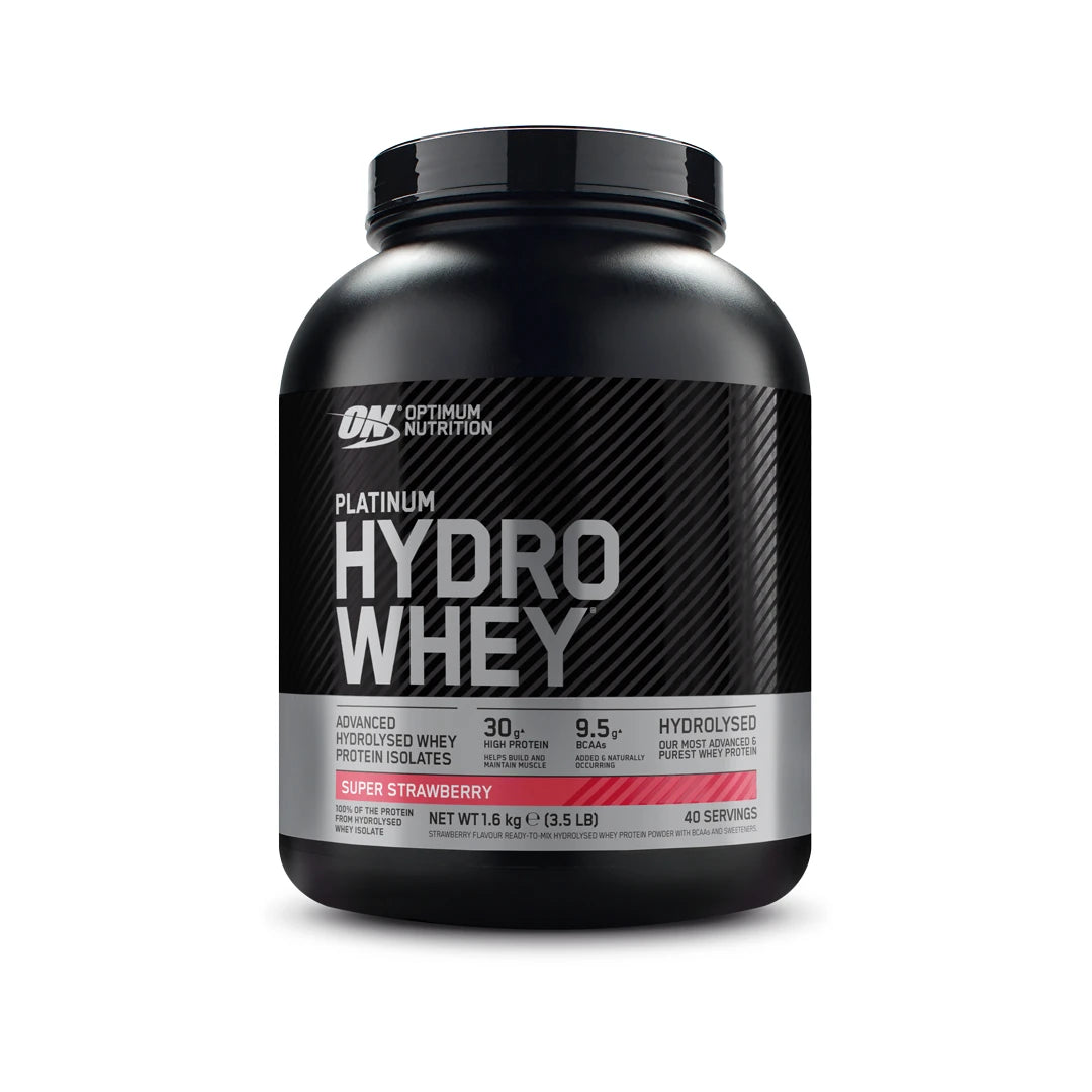 Optimum Nutrition Platinum Hydro Whey 1.6 kg proteinpulver i en svart boks for smaken Supercharged Strawberry., bilde 1 av 3