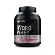 Optimum Nutrition Platinum Hydro Whey 1.6 kg proteinpulver i en svart burk för smaken Supercharged Strawberry.