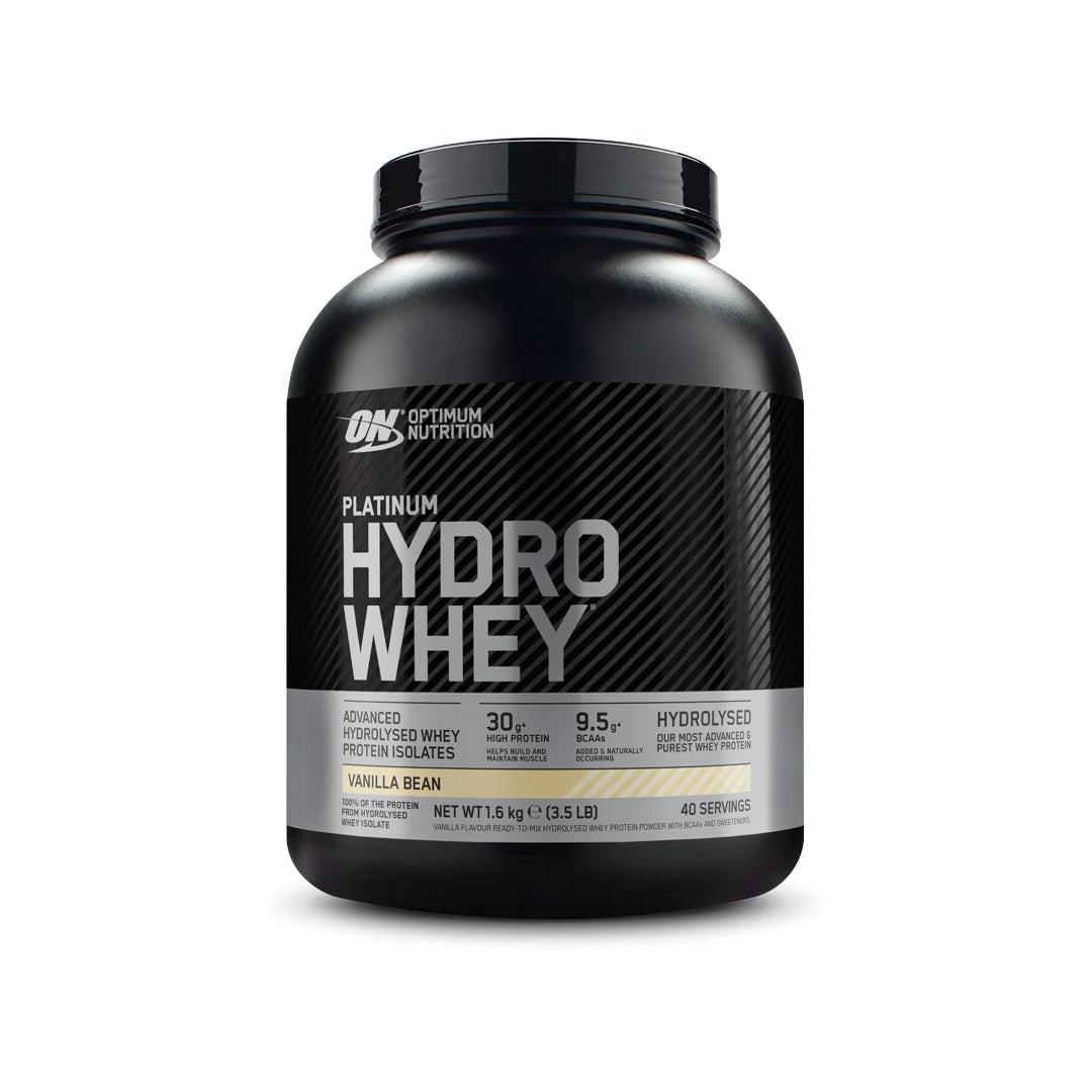 Optimum Nutrition Platinum Hydro Whey 1.6 kg proteinpulver i en svart boks med sølvdetaljer for smaken Vanilla Bean., bilde 3 av 3