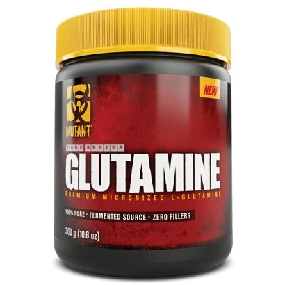 Mutant Nutrition Glutamine 300 g aminosyrer i en svart boks med rød etikett og gult lokk.