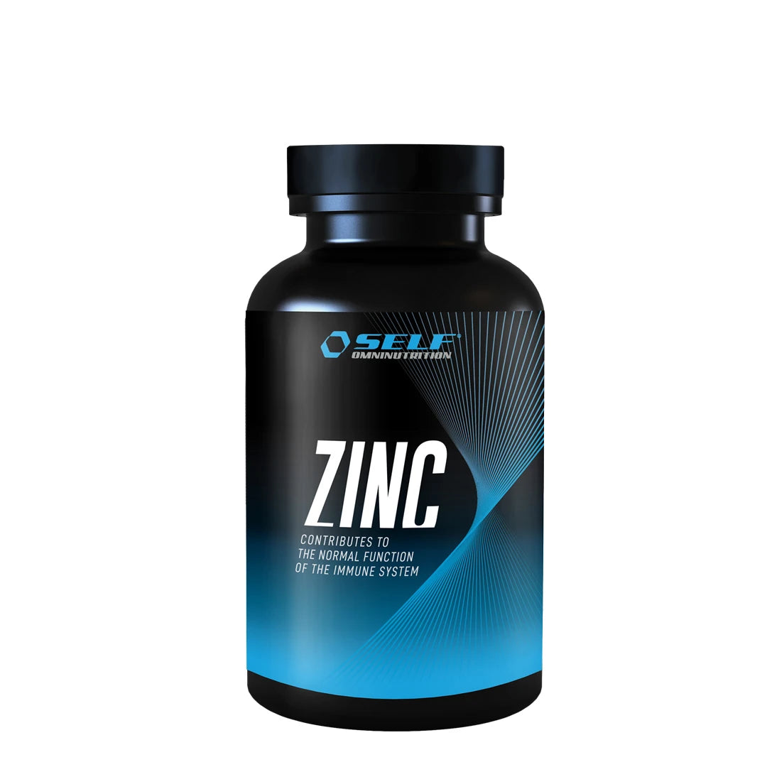 Self Omninutrition Zinc 100 caps sinktilskudd i en stilren svart boks med blå detaljer.