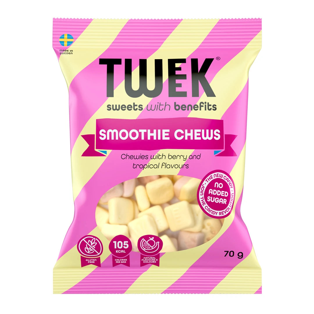 Tweek Sweets 70 g godteri i en rosa og gulstripet pose med smaken Smoothie Chews., bilde 5 av 5