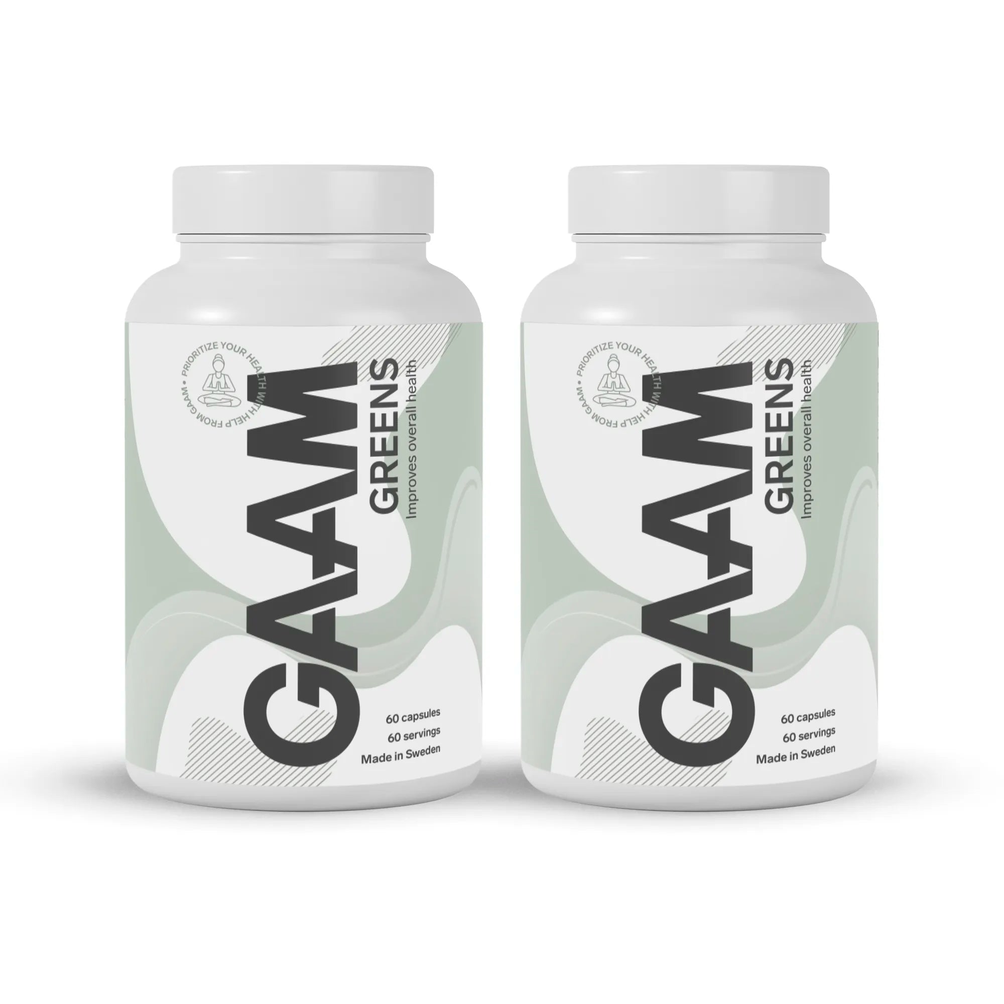 2 x GAAM Greens 60 Caps kosttilskudd i to hvite bokser med lysegrønn etikett og svarte detaljer.