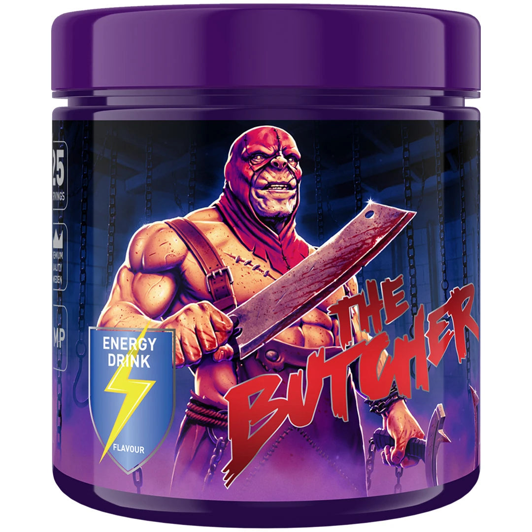 Swedish Supplements The Butcher 425 g PWO-pulver i en lilla boks med et illustrert motiv for smaken Energy Drink., bilde 2 av 5