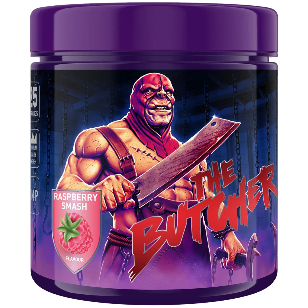 Swedish Supplements The Butcher 425 g PWO-pulver i en lilla boks med mørk etikett for smaken Raspberry Smash., bilde 4 av 5
