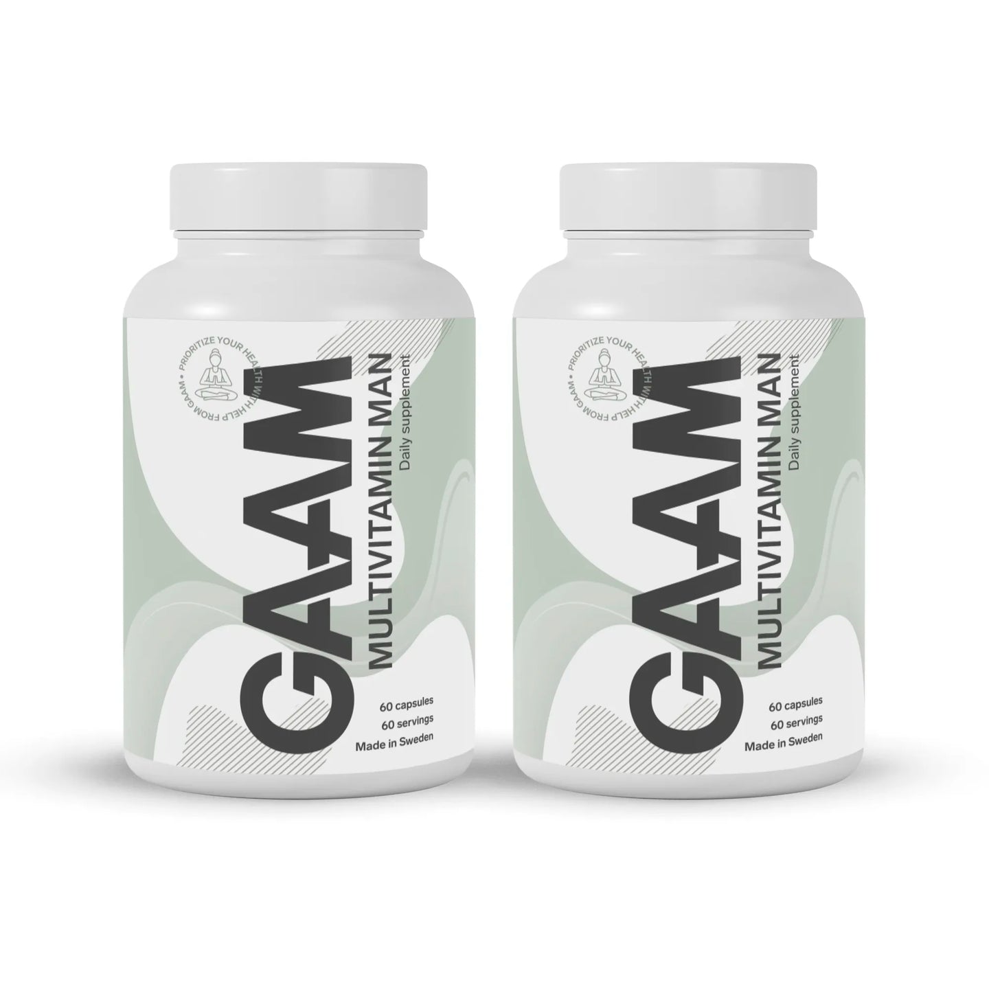 2 x GAAM Multivitamin Man 60 caps i to hvite bokser med grå og lysegrønne detaljer på etiketten.