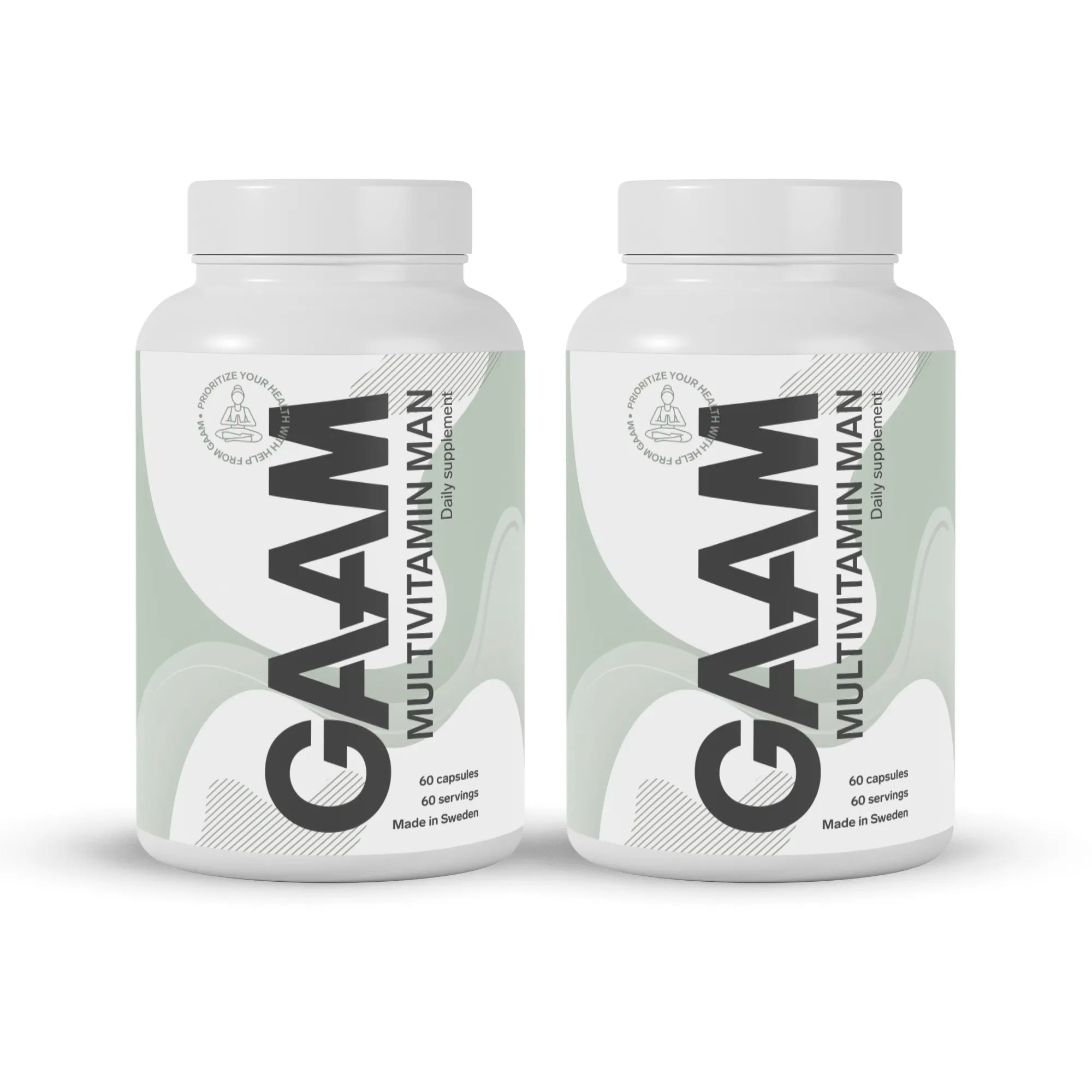 2 x GAAM Multivitamin Man 60 caps i to hvite bokser med grå og lysegrønne detaljer på etiketten.