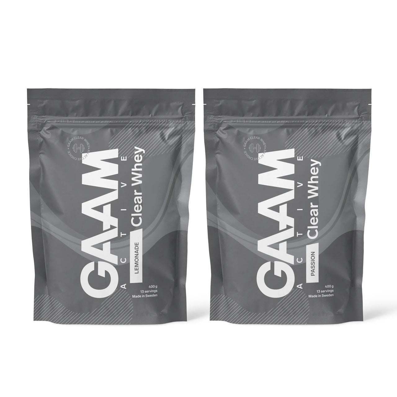 2 x GAAM Active Clear Whey Proteinpulver 400 g i to mørkegrå poser for smakene Lemonade og Passion.