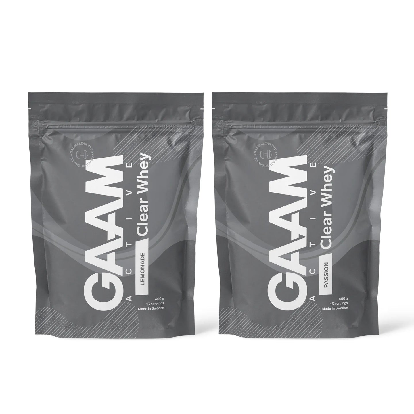 2 x GAAM Active Clear Whey Proteinpulver 400 g i to mørkegrå poser for smakene Lemonade og Passion.