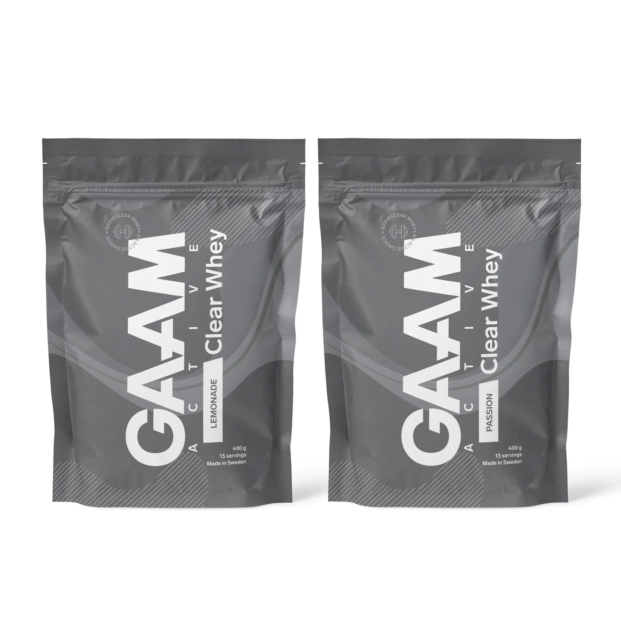 2 x GAAM Active Clear Whey Proteinpulver 400 g i to mørkegrå poser for smakene Lemonade og Passion.