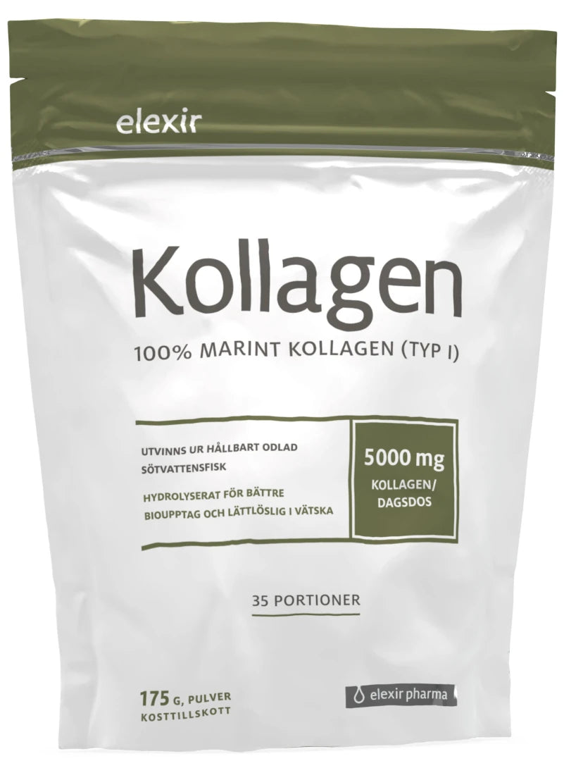 Elexir Pharma Marint Kollagen 175 g pulverforpakning i en hvit pose med olivengrønne detaljer.