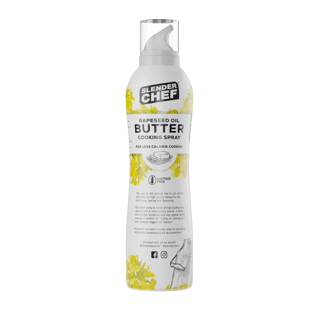 Slender Chef Cooking Spray 200 ml i smaken Butter Oil, en hvit sprayflaske med gule detaljer for jevn og smidig steking.