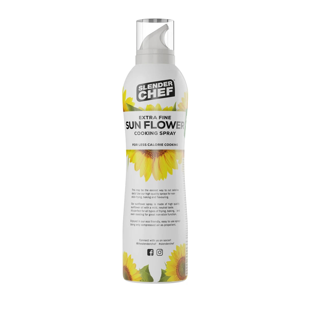 Slender Chef Cooking Spray 200 ml, en hvit flaske med gule solsikker for smaken Sunflower Oil.