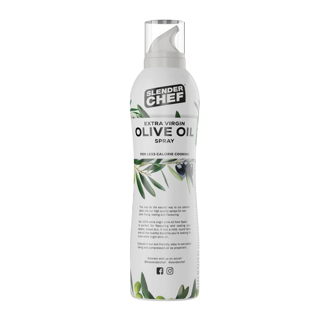 Slender Chef Cooking Spray 200 ml i en hvit flaske med olivenmotiv for varianten Olive Oil.