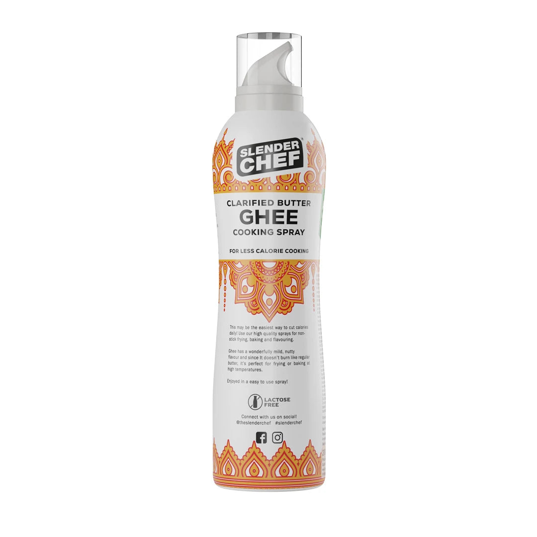 Slender Chef Cooking Spray 200 ml i sprayflaske med smak av Clarified Butter Ghee og oransje mønsterdetaljer.