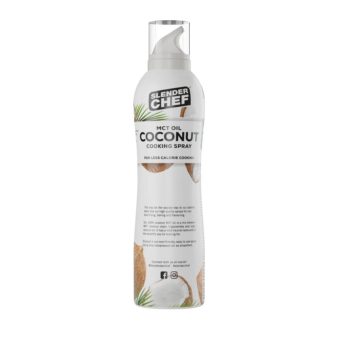 Slender Chef Cooking Spray 200 ml, en hvit sprayflaske med matlagingsspray i smaken MCT Oil Coconut.
