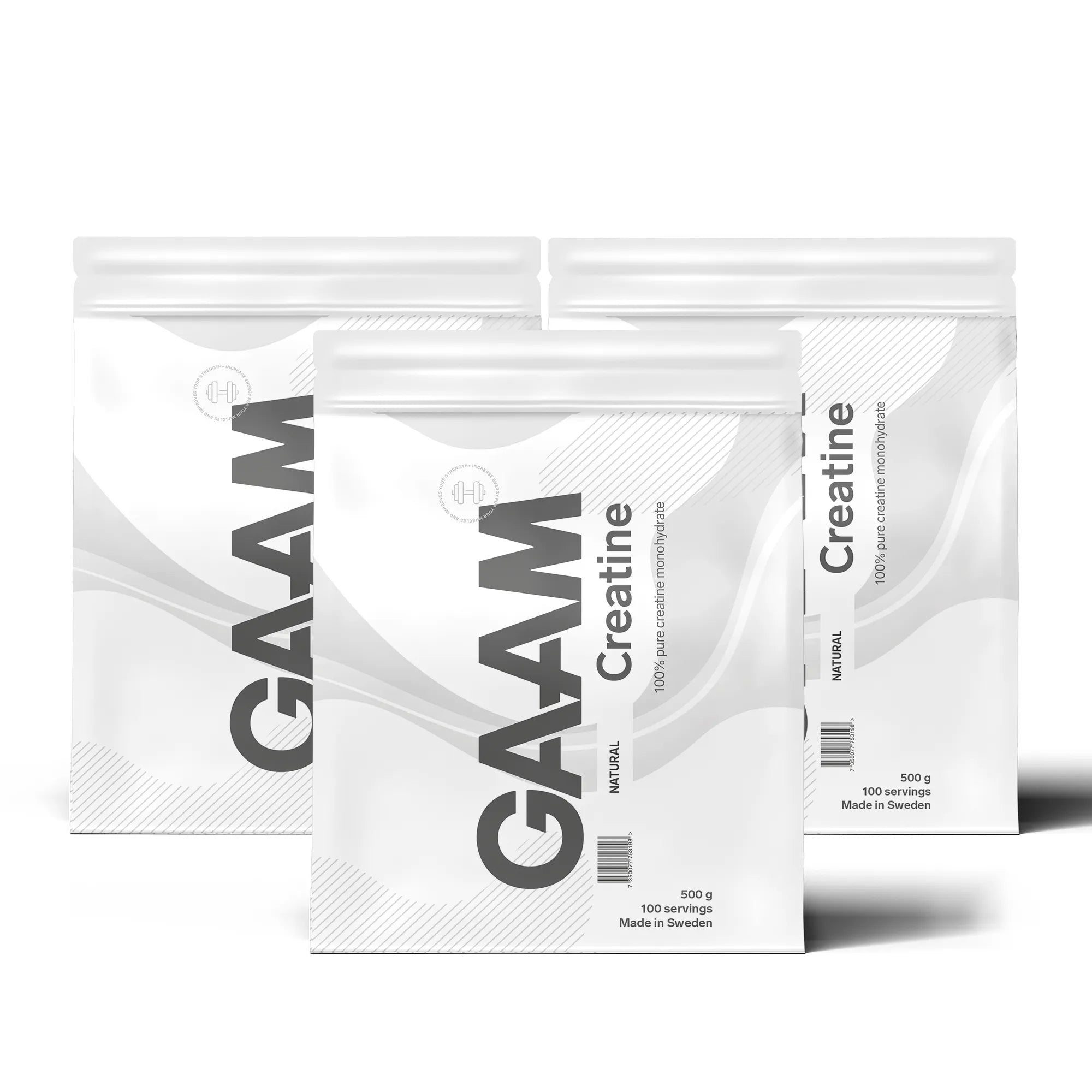 3 x GAAM Creatine Monohydrate 500 g i tre hvite gjenlukkbare poser med grå detaljer.