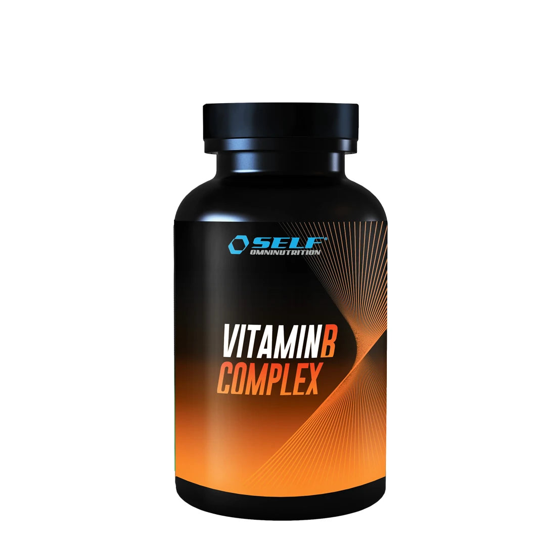 Self Omninutrition Vitamin B-Complex 60 caps kosttilskudd i en svart boks med oransje og hvite detaljer.